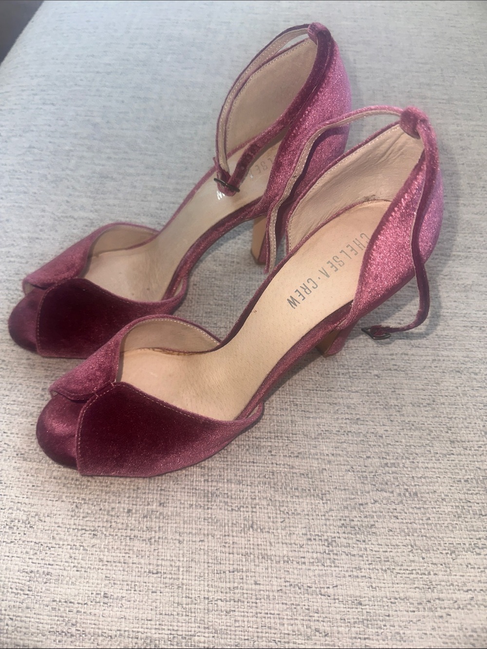 chelsea crew Velvet Peep-Toe Ankle Strap Heels in Wine